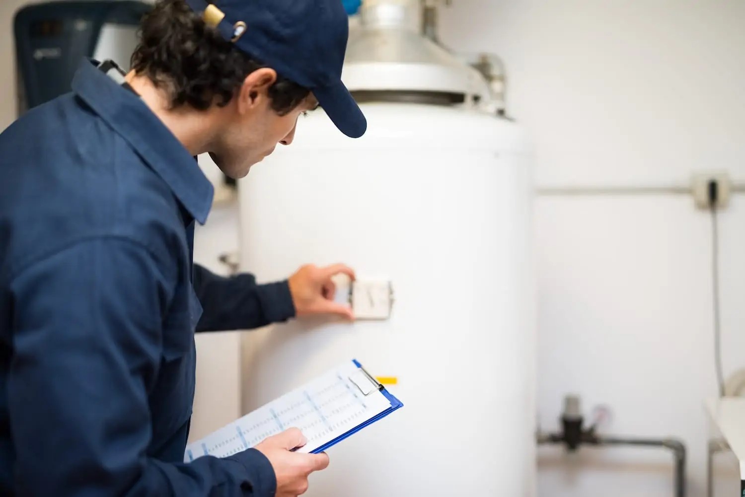 Plumber adjusting the temperature knob on a newly installed water heater