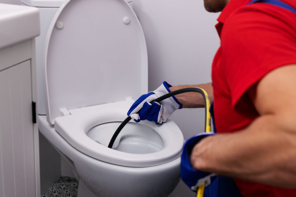 Plumber hydrojetting residential toilet